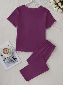 SHEIN Casual Purple Short Sleeve Collared Bowknot Ruffled Hem Soft Milk Silk Thin Pants Set, Lightweight, Suitable For Spring, Summer And Autumn, Girls - Purple - View 2