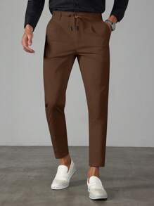 Manfinity Mode Celana Panjang Pria Warna Cokelat Kopi untuk Musim Panas, Kasual, untuk Kantor, Gaya Klasik, Warna Polos, Desain Ikat Pinggang dengan Tali Serut, Cocok untuk Perjalanan Sehari-hari - Coffee Brown - View 6