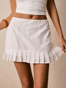 Poéselle 女士短裤刺绣裤裙褶皱白色裙子浪漫夏日假日风格纯色网眼刺绣褶皱下摆短裙 Y2k 服装乡村音乐会复古街头服饰外出全白复古海滩度假