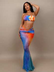 Swim Oasis Bohemian Style Women Printed Bikini Swimsuit With Long Cover Up Skirt Set, Suitable For Beach Vacation For Summer