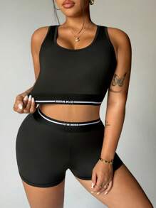 Easithlete 2pcs Plus Size Women Sports Set, Regular Bra With Racerback, Striped Panel With Sports Slogan, Contrasting Striped Waistband Shorts - Black - View 1