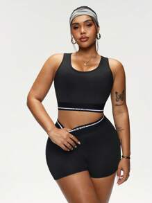 Easithlete 2pcs Plus Size Women Sports Set, Regular Bra With Racerback, Striped Panel With Sports Slogan, Contrasting Striped Waistband Shorts - Black - View 3