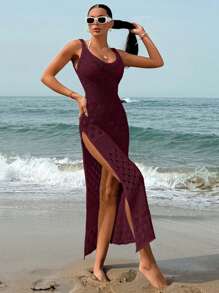 EURMUSE Solid Color Thigh High Slit Hollow Out Crochet Slip Dress Cover Up - Burgundy - View 6