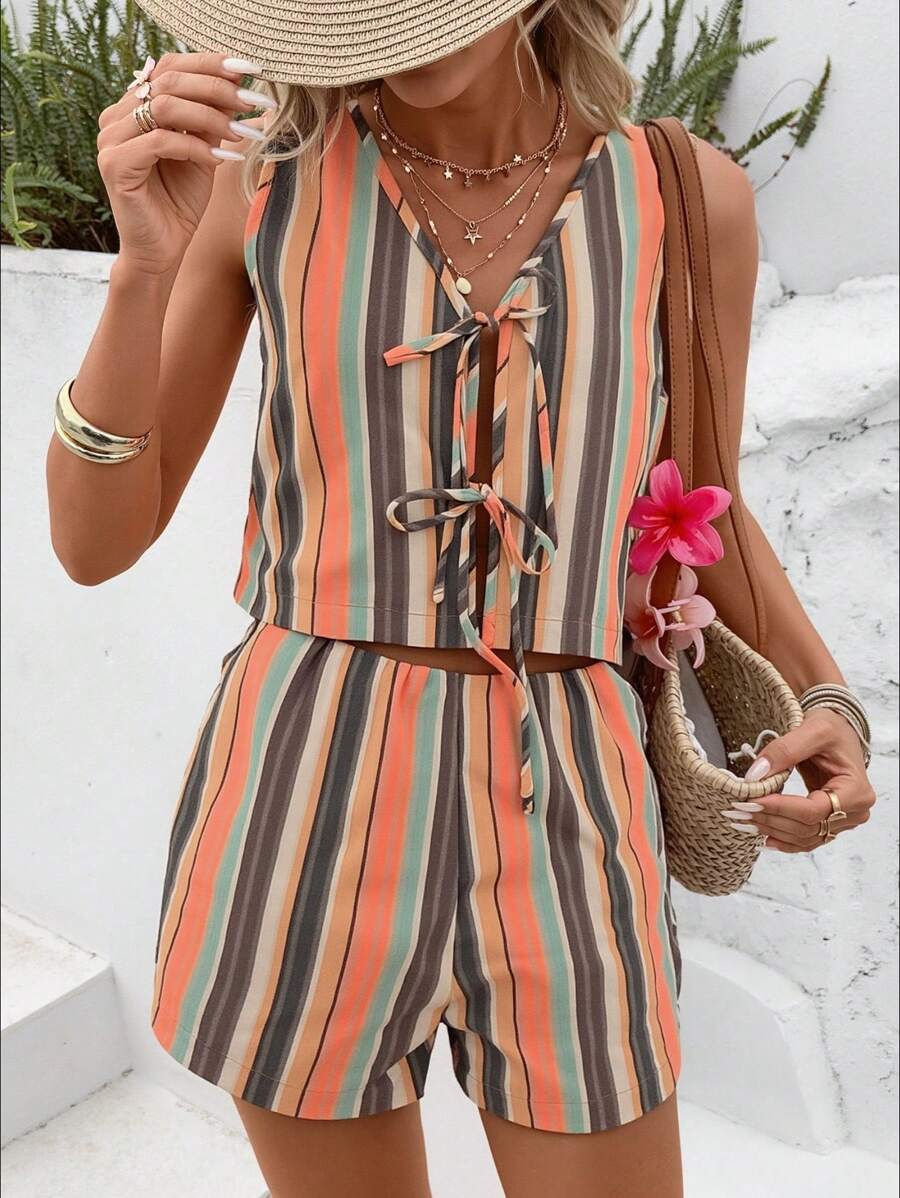 SHEIN LUNE 2 件套女士休闲编织条纹图案分体泳衣上衣和高腰宽松短裤度假装女士夏季 2 件套女士夏季套装女士短套装度假条纹两件套沙滩 2 件套 - 橘色 - 查看 1