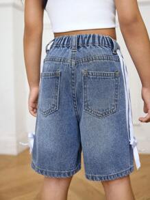 SHEIN Quần short denim rộng rãi có nơ trang trí cho bé gái, mùa xuân và mùa hè, kỳ nghỉ thường ngày ở nông thôn - Rửa nhẹ - Xem 4