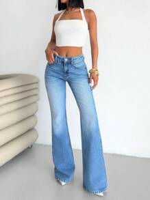 SHEIN Cottnline Women's High Waist Y2K Flare Leg Jeans, Blue, Summer Women's Clothes Women's Summer Clothes Women Summer Sets Women's Summer Shirts - Medium Wash - View 5