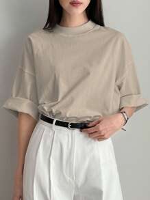 Dazy-Less Loose Casual Solid Color Minimalist Short Sleeve T-Shirt For Women Business Casual Woman Work Clothes - Apricot - View 4