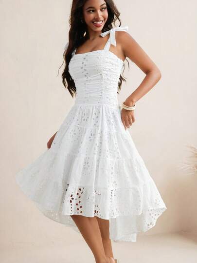 RARO White Broderie Color Bow Straps Ties Asymmetry Hem Aline Summer Women Boho Beach Maxi Dress