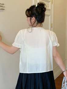 Dazy Plus Plain Color Lace-Up Collar Short White Short Sleeve Shirt