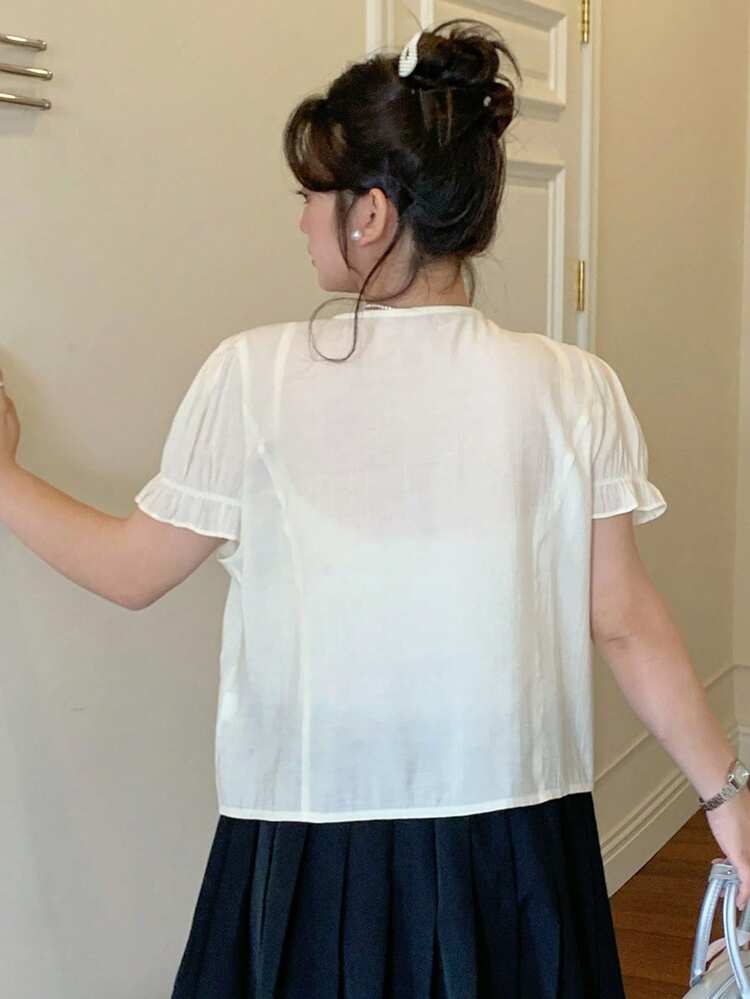 Dazy Plus Plain Color Lace-Up Collar Short White Short Sleeve Shirt Vacation