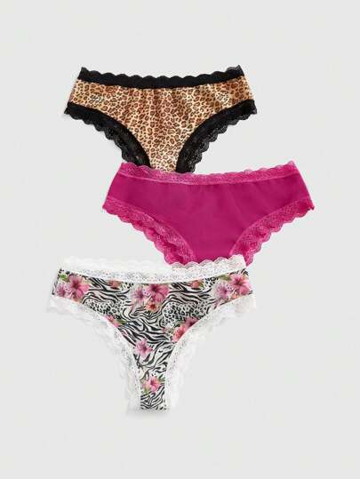 ROMWE Avant 3pcs/Set Women's Island, Cowgirl, Zebra, Leopard, Hibiscus Floral Mesh And Lace Patchwork Panty Set