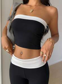 SHEIN EZwear Bộ đồ hai mảnh nữ Khối Màu Giải trí - màu đen - Xem 6