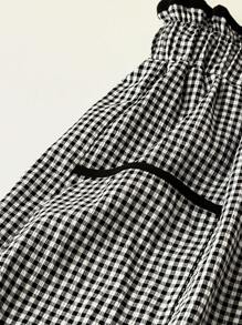 SHEIN PETITE 黑白格子高腰口袋装饰女式直筒裤 - 黑與白 - 查看 5