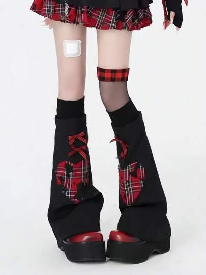 Anime Scalda gambe in stile scolastico con stampa a quadri, cuori e fiocchi, moda punk chic stile Y2K, adatti per vacanze, feste, shopping, foto
