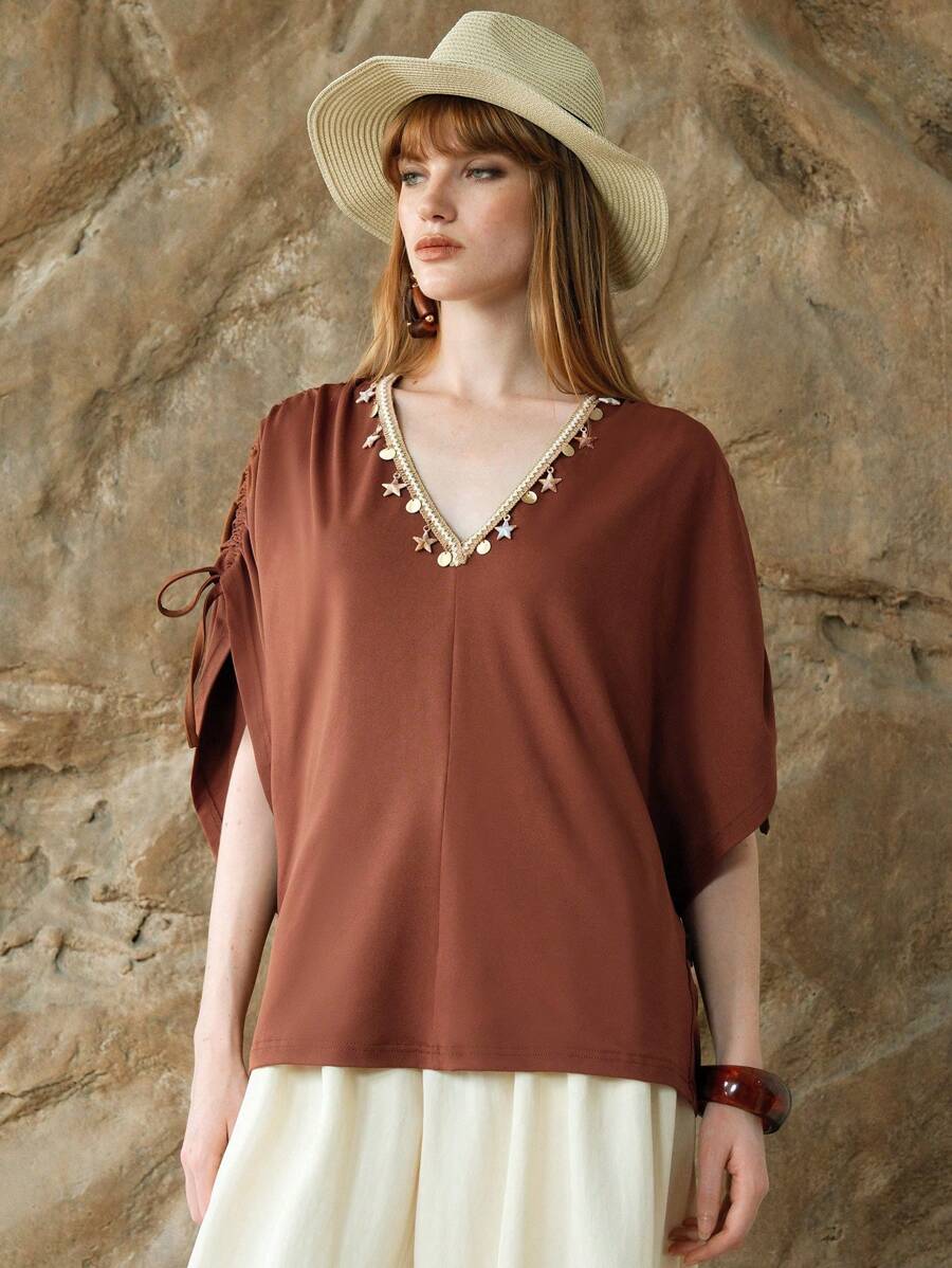 SHEIN LUNE Women's Coffee Brown Bat Sleeves Drawstring Waist Boho Tassel Decoration Casual T-Shirt,Summer Vacation Holiday Bohemian Style Country Concert Top - Coffee Brown - View 1