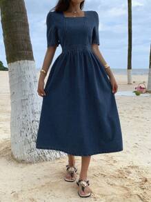DAZY Vestido de mezclilla para mujer con cuello cuadrado, mangas abullonadas y cintura fruncida, estilo occidental de verano