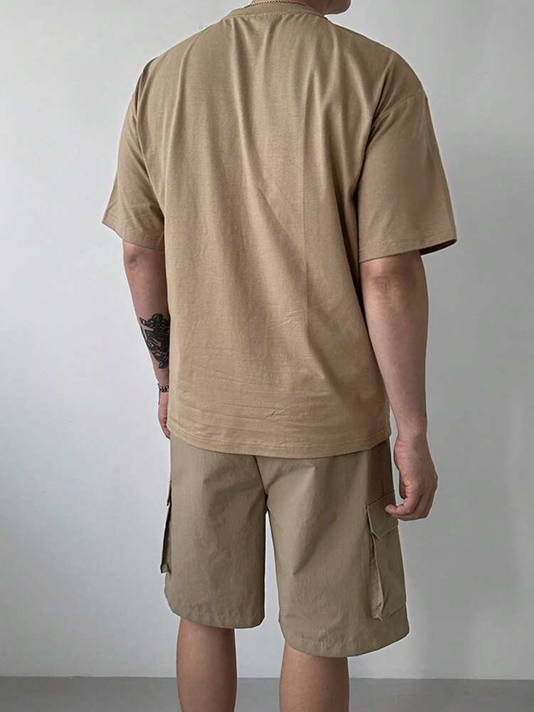 Khaki Men's Summer T-Shirt & Short Set With Letter Embroidery