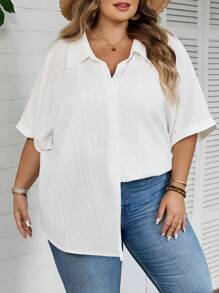 SHEIN CURVE+ Áo sơ mi trắng tay ngắn dáng rộng thoải mái dành cho nữ cỡ lớn, thích hợp cho kỳ nghỉ hè và đi biển/đi biển/nghỉ mát biển/đồ dùng cần thiết khi đi biển/lễ tốt nghiệp/tiệc trà mùa hè/phong cách đồng quê/kỳ nghỉ biển/bãi biển/trang phục đi biển - trắng - Xem 6