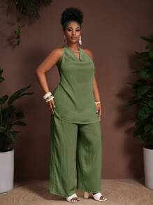 Slaydiva 2025 年新款夏季露背褶饰上衣和阔腿裤两件套，纹理面料，加大码