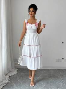 Elenzga 万圣节假期返校返校节全套服装中长款露肩连衣裙，适合女士白色乡村休闲毕业假期节日外出镂空方领蝴蝶结。 - 白色 - 查看 6