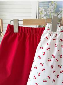 3pcs/Set Tween Girl Cherry Print Loose Casual Pink Striped And Solid Red Shorts Set - Multicolor - View 6
