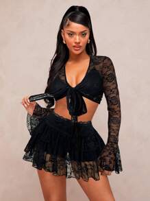 SHEIN SXY 女士两件套日常穿着黑色蕾丝两件套蕾丝两件套女士蕾丝裙套装 - 黑色 - 查看 3