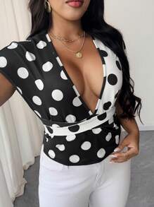 SHEIN Unity Plus Size Women Contrast Color Polka Dot Print Wrap Short Sleeve Top - Black and White - View 7