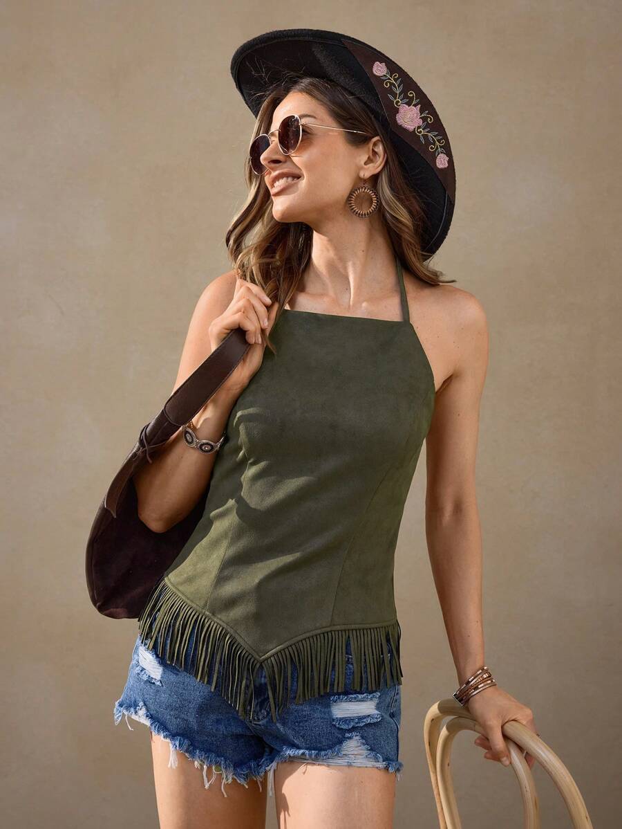 Wildy Women's Summer Western Rustic Casual Suede Fringe Halter Crop Top Western Halter Top Vacation Tops Hippie Rave Outfits Concert - Army Green - View 1