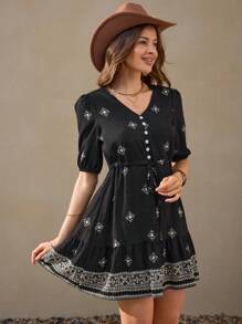 Wildy Women's Summer Casual Country Holiday Bohemian Print Drawstring Waist Midi Dress Vacation Outfits Woman Teacher Outfits For Women Western Wear Women Boho Country Vacation Dress Black Summer Dress Women Button Up Dress Black Embroidered Dress Western