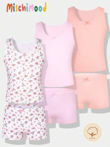 SHEIN 3PCS/Set Young Girl Camisole With Ribbing, Rose And Bow Design, Pink + Solid Color Camisole And Panty Set With Bow, Soft And Comfortable,Summer Travel