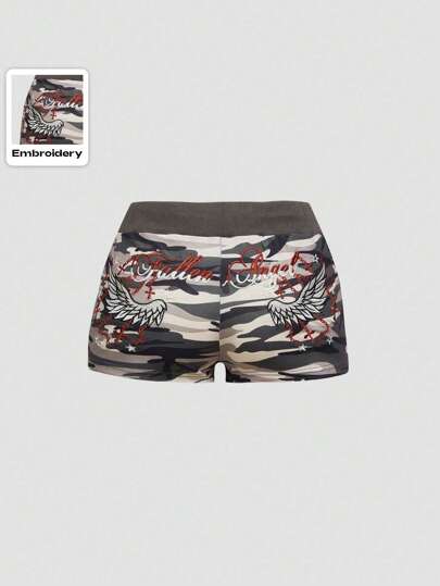 ROMWE Avant Shorts mini de talle bajo con estampado de camuflaje, bordado de alas y cruz, estilo Y2K sexy para mujeres
