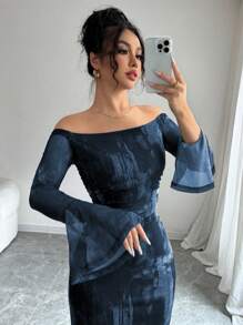 Modelyn 女式露肩喇叭袖扎染时尚网眼印花褶饰美人鱼下摆修身连衣裙 - 彩色 - 查看 5