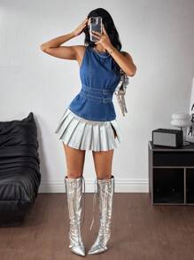 SHEIN ICON 女式夏季圆领无袖纽扣设计时尚牛仔衬衫