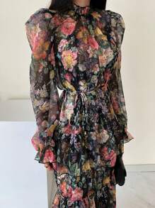 DAZY 1件女士碎花荷叶领长袖优雅连衣裙，秋季度假装扮 - 黑色 - 查看 5