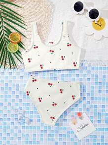 SHEIN Leap Crew Conjunto de camisola y bikini triangular informal, casual y sencillo, con estampado de cerezas con moño en forma de corazón, adecuado para vacaciones, graduación y niñas jóvenes - Multicolor - Ver 2