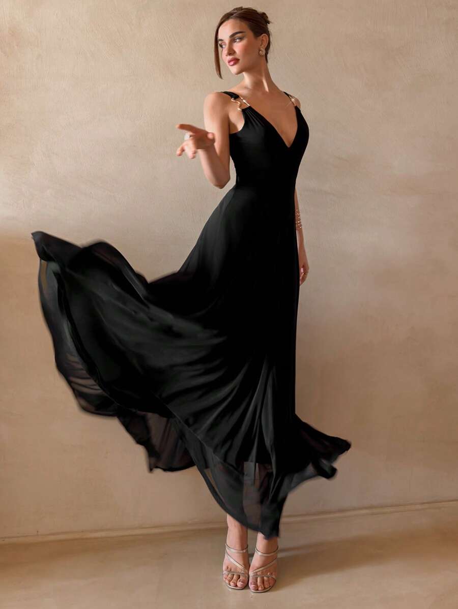 Aloruh 女士优雅复古性感深 V 金属装饰吊带 A 字正式黑色连衣裙，适合约会、舞会、毕业典礼、婚礼 - 黑色 - 查看 1