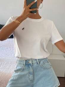 Livesso Women's Summer Round Neck Fitted Tee With Embroidered Decor, Casual Unisex Urban Style Short Sleeve T-Shirt