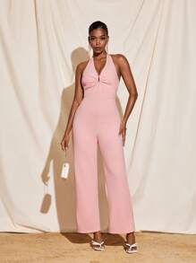 CHAIMA Summer Pastel Pink Halter V Neck Backless Wide-Leg Jumpsuit Women Elegant Casual Wedding Party - Pink - View 3