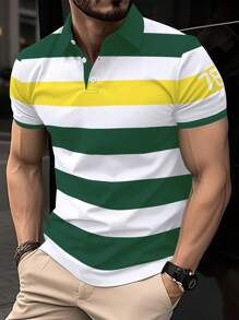 Manfinity Mode 男士休闲条纹印花纽扣领短袖 Polo 衫，夏季 - 彩色 - 查看 1