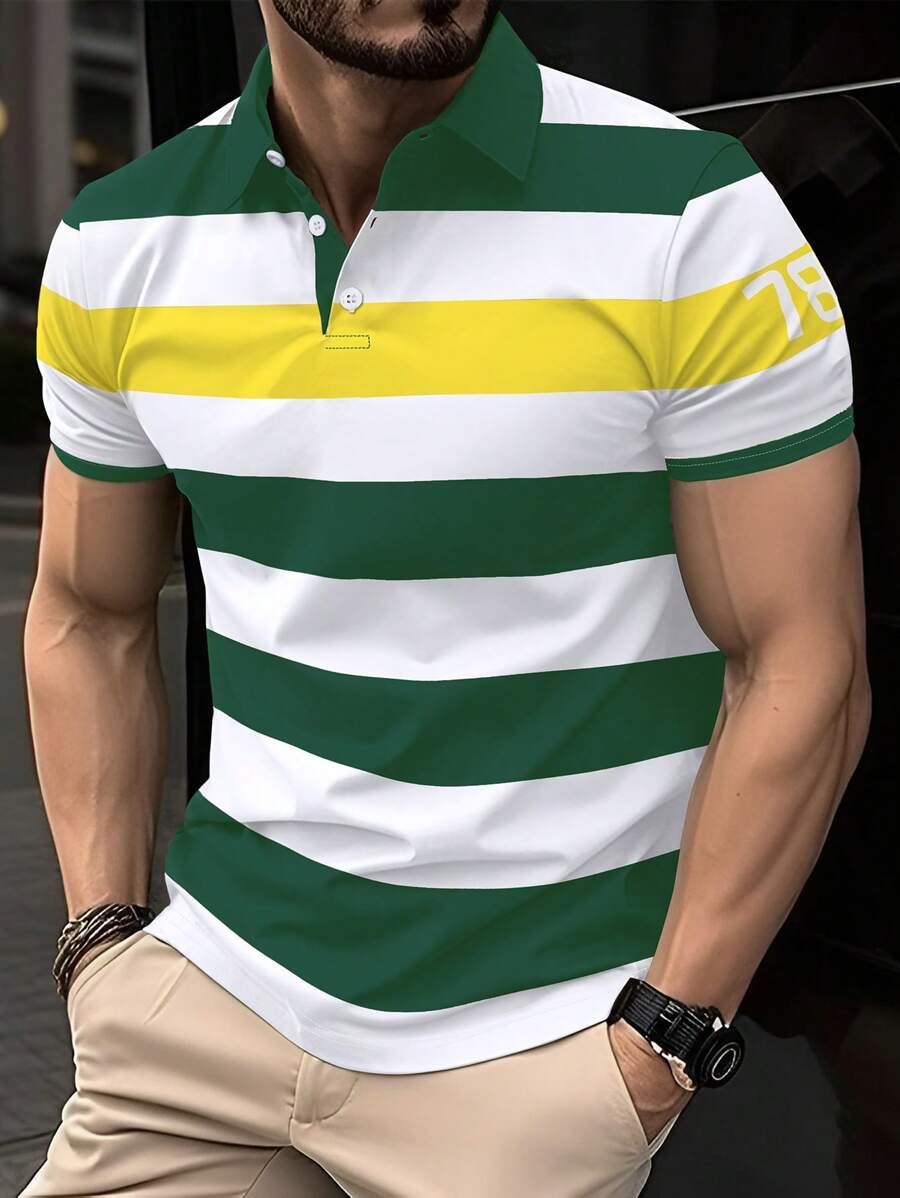 Manfinity Mode 男士休闲条纹印花纽扣领短袖 Polo 衫，夏季 - 彩色 - 查看 1