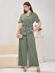 女士绿色纯色休闲简约通勤短袖上衣和长裤阿拉伯风格服装套装 - 綠色 - 查看 4