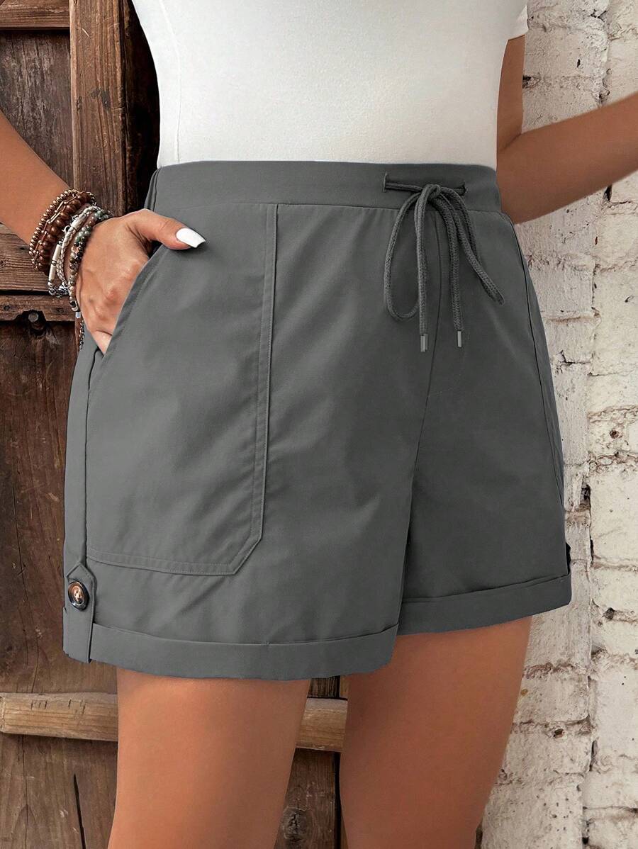 Calvaya Plus Size Summer Holiday Leisure Solid Color Drawstring Waist Shorts - Grey - View 1