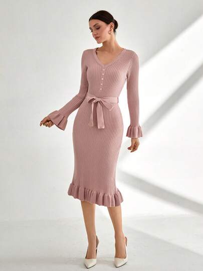 CLARA VERO Casual Cute V Neck Midi Solid Color Ruffle Hem Knitted Dress Suitable For Winter Office Style Knit Dress For Women Long Sleeve Knit Dress Ruffle Hem Knit Dress Elegant Knit Dress Ribbed Knit Dress