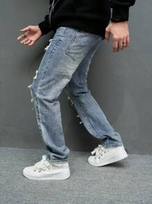 Manfinity EMRG Jeans vaqueros casuales y versátiles con bolsillos y efecto desgastado para hombres de talla grande