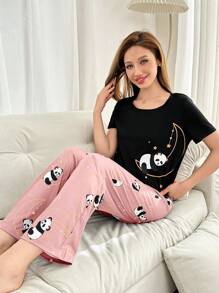 Dream Adore 2pcs Cartoon Moon Panda Print Pajama Set