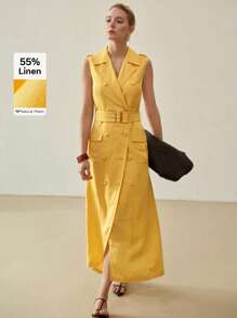 MOTF PREMIUM LINEN BELTED DOUBLE BREASTED DRESS