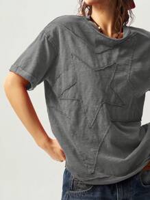 Bohemela 女士纯色针织圆领短袖宽松水洗星星图案T恤，夏季 - 灰色 - 查看 6