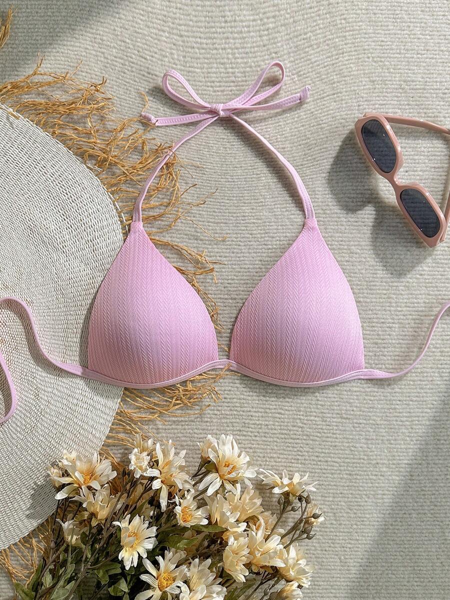 SHEIN Swim بكيني نسائي ملابس علوية بلون وردي ذو رقبة حلقة، مناسب للشاطئ والعطلات الصيفية - وردي - مشاهدة 1