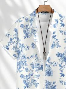 Manfinity RSRT 男士蓝色碎花图案短袖 Polo 衫套装，休闲时尚瓷器印花图案