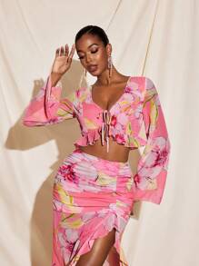 Becci Pink Floral Printed Transparent Chiffon Ruffled Tie-Up Crop Top Women Summer Vacation Top